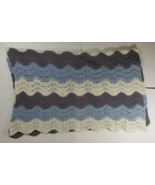 52&quot; Handmade Afghan Crochet Blanket Blue Gray White Chevron Striped DAMAGE - £8.64 GBP