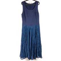 Handkerchief Maxi Dress M Womens Navy Blue Sleeveless Embroidered Dual Material - £12.54 GBP