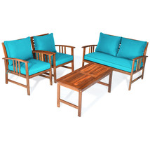 4 PCS Wooden Patio Furniture Set Table Sofa Chair with Turquoise Cushioned Yard - £473.54 GBP