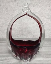 Hand Blown Romanian Midcentury Deep Red Cased Glass Vase Basket 1950s - 70s VTG - £12.03 GBP