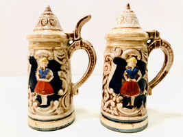 Vintage German Beer Stein Lusterware Ceramic Hand Painted Salt &amp; Pepper Shakers - £10.18 GBP