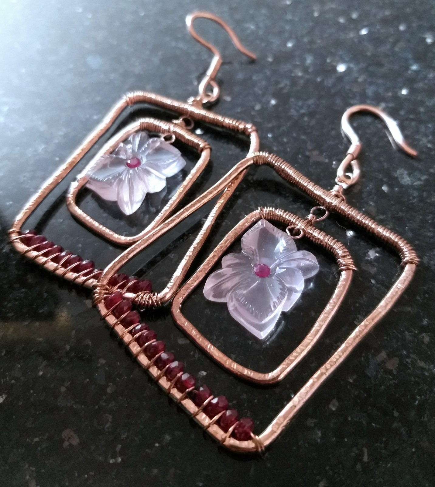 Primary image for Natural Rose Quartz Carving and Ruby Beads Statement Earrings 