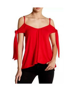 FREE PEOPLE Red Believe Me Viscose Jersey Cold Shoulder Top S - £31.45 GBP