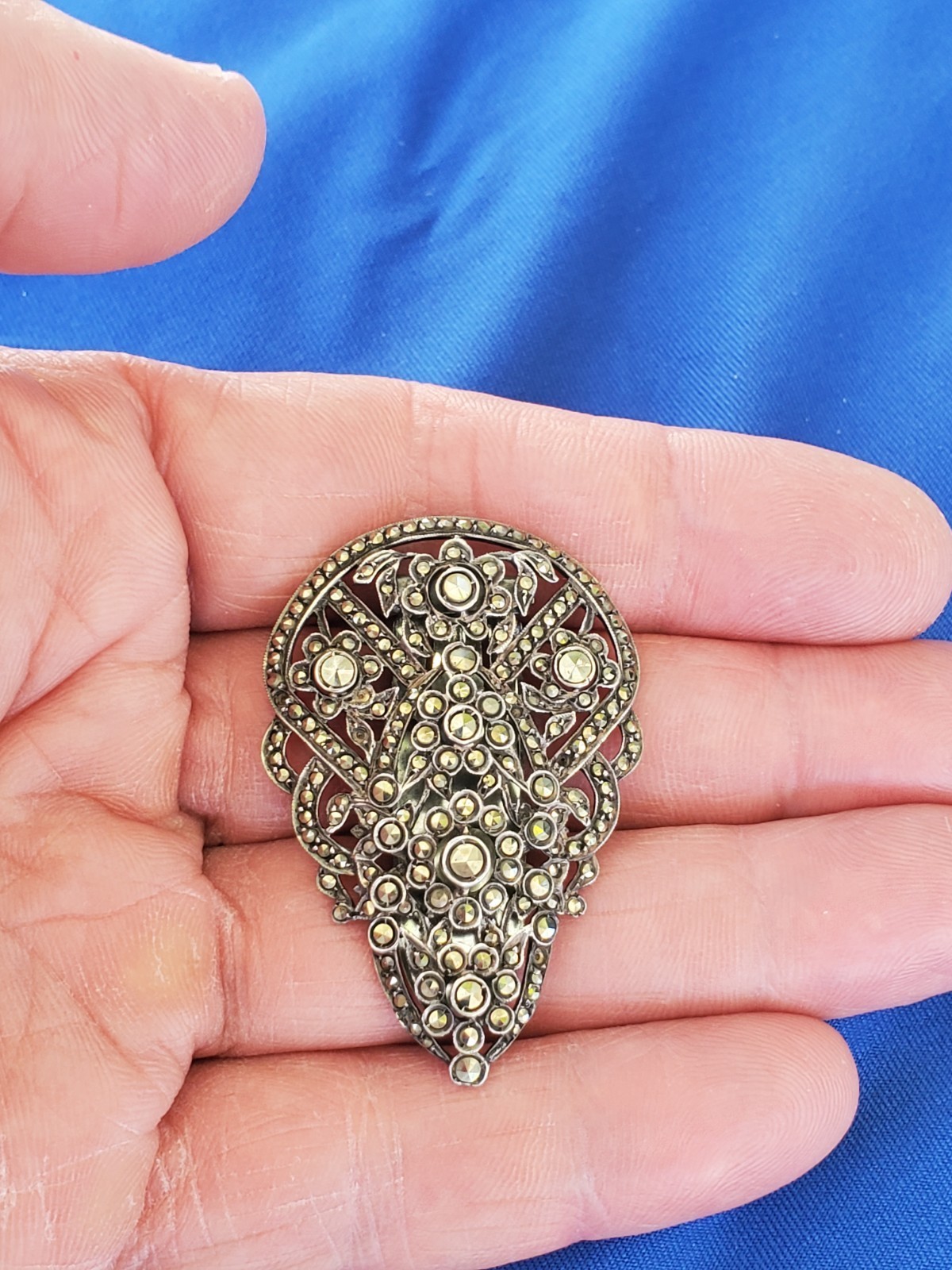 Vintage Art Deco Sterling Silver 935 Diamond Cut Marcasite Large Pin Brooch Clip Item image 6
