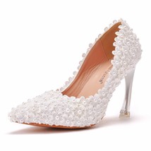 Fashion Sexy 9CM High Heels Wedding Pumps Sweet White Flower Lace Pearl Platform - £65.14 GBP