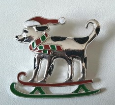 Christmas Brooch Pin DOG on Skies with Santa Hat Scarf 1 3/4 Inches Tall - £14.37 GBP
