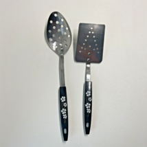 Vtg MCM Short Spatula &amp; Spoon Stainless Black Gold Daisy Handle Serving Set USA - $23.90