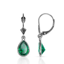 2.00CT 14K White Gold Bezel Set Pear Shaped Emerald Leverback Dangle Earrings - £71.77 GBP