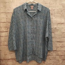 CHICOS Size 0 (4/6) Button Up Shirt Blue Black Geometric Print 3/4 Dolman Sleeve - £25.54 GBP
