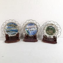Mini Souvenir Plates Set 3 Stands Vtg Mid Century NY NJ PA Niagara Atlantic City - £11.66 GBP