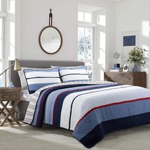 Navy Blue Red Striped Boy 100% Cotton Reversible Quilt Bedding Set, Coverlet, Be - £105.08 GBP