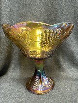 Vintage Amber Marigold Carnival Glass Compote Pedestal Bowl Iridescent Grapes - £11.69 GBP