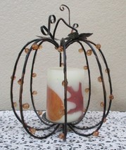 Metal Pumpkin Candle Holder With Fall Leaves Candle 10 - £20.23 GBP