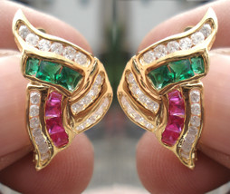 1.12ct Diamond Emerald &amp; Ruby 14k Yellow Gold Precious Bridal Clip Earrings - £1,055.07 GBP