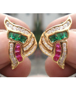 1.12ct Diamond Emerald &amp; Ruby 14k Yellow Gold Precious Bridal Clip Earrings - £1,045.98 GBP