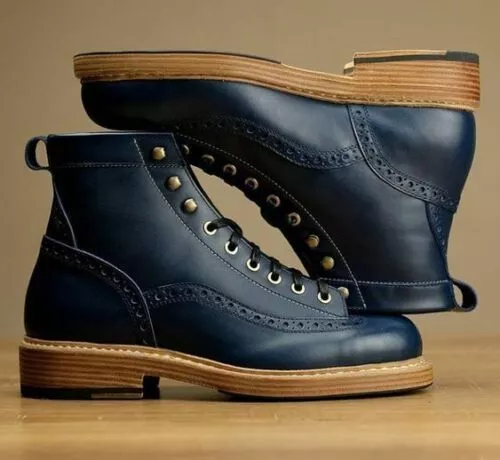 New Handmade Men&#39;s Navy Blue Lace up Leather Ankle High Formal Leather Boots - £141.05 GBP