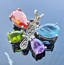 925 Sterling Silver Butterfly Multicolor Gemstone Marcasites Brooch Pendant - £36.09 GBP