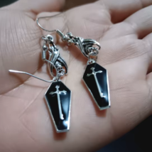 Black Gothic Coffin Bat Cross Earrings Punk Vintage Drop Pendant Halloween - $14.11