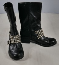 BCBG Generation Halen Black Leather Studded Mid Calf  Biker Boots Wms Si... - £37.36 GBP