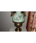 VINTAGE BRASS OIL LAMP WITH FENTON SHADE TEXTERED BLUE FLOWERS MINT GREEN SHADE - $88.78
