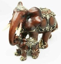 Thai Buddhism Noble Wood Finished Resin Mother Elephant With Calf Figurine Decor - £26.51 GBP