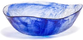 9.5 Inch 62 Ounce Etched Wavy Glass Salad Bowl, Large Tabletop Centerpiece, Blue - £32.83 GBP