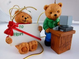 Bear Ornaments One at desk One Holding Gift Both about 2.5&quot; set of 2 - $185.64 MXN