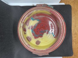 Art Pottery Shallow Dish Burgundy Yellow Turquoise Glaze Rolled Handles ... - £15.45 GBP