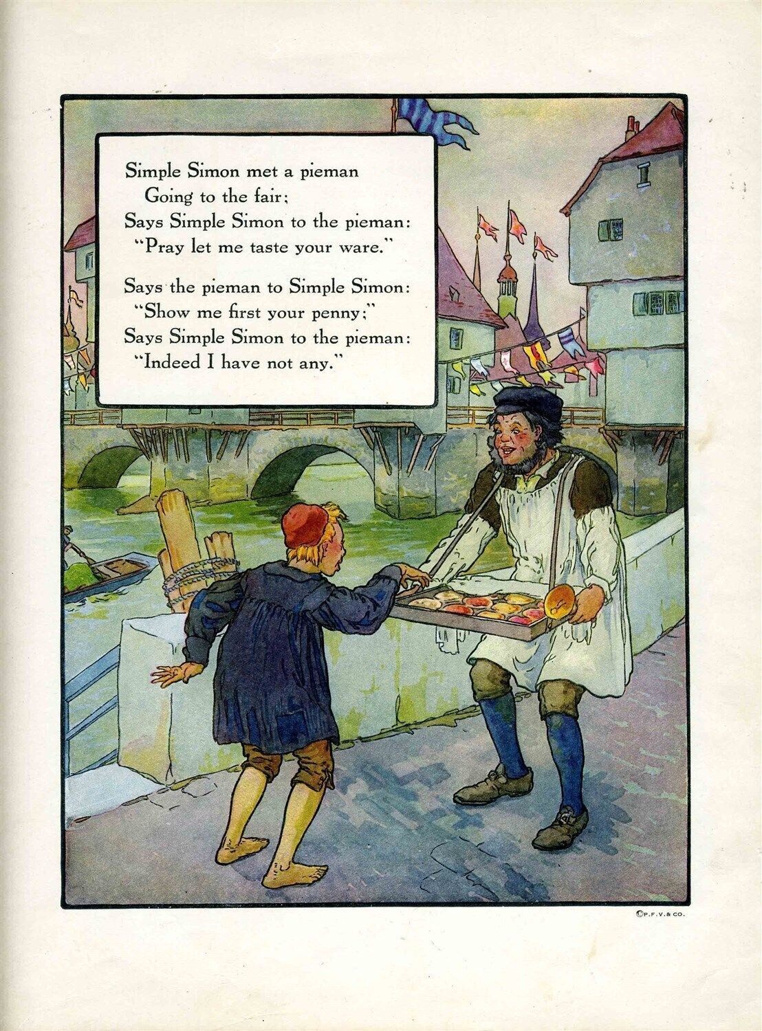 Primary image for Simple Simon Meets a Pieman Going to the Fair Mother Goose Rhyme Print 1921