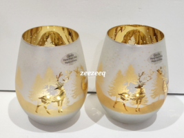 x2 Christmas Gold Pine Trees Stemless Wine Glasses Set Frosted Winter Forest - £31.93 GBP