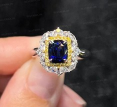 2CT Cushion Cut Simulated Sapphire Halo Engagement Ring 925 Sterling Silver - £82.05 GBP