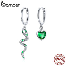 Lver snake love earring real 925 sterling silver green heart cz hoop earrings for women thumb200