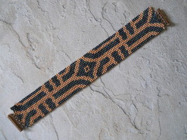 Bracelet: Matte Dark Blue &amp; Gold, Geometric Motif, Peyote Stitch, Tube Clasp - $39.00