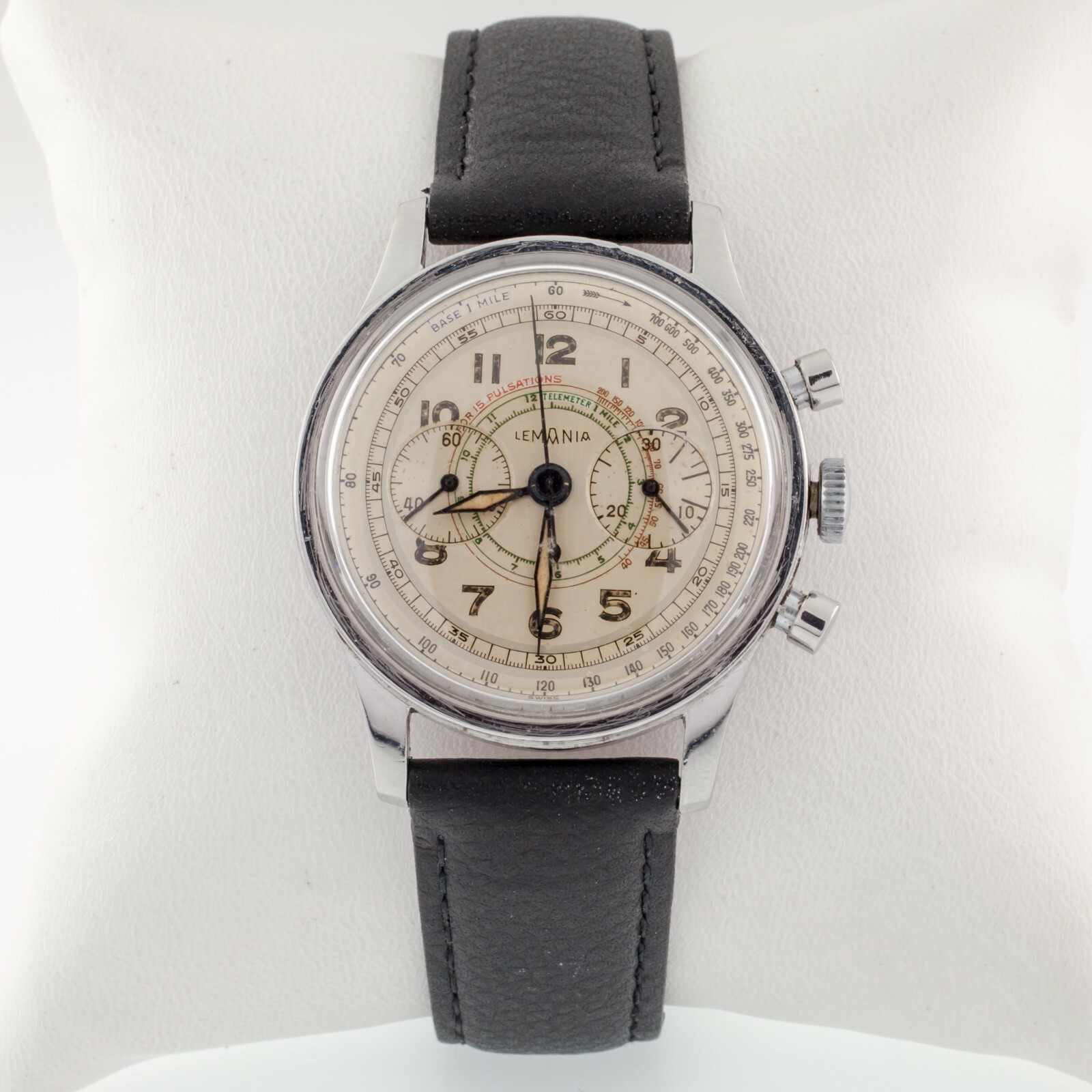 Lemania Acciaio Inox 15TL Orologio Cronografo Tachimetro 1940s Pelle Fascia Item image 2