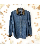 Solutions Blue Denim Shirt Size M Leopard Print Collar Cuffs Button Up C... - $422.46 MXN