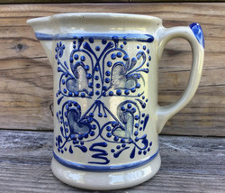 Hand Made Penn Dutch Style Pottery Pitcher, Blue and Gray Glaze. - $44.00