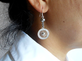 Sup Silver Dharma Wheel Earrings, Womens Earrings, Dharmachakra Jewelry Gifts - £35.97 GBP