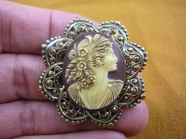(CS63-30) WOMAN rose roses Ringlet brown oval CAMEO Pin Pendant Jewelry brooch - £22.79 GBP