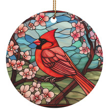 Red Cardinal Bird Art Stained Glass Flower Wreath Christmas Ornament Gift Decor - £11.59 GBP