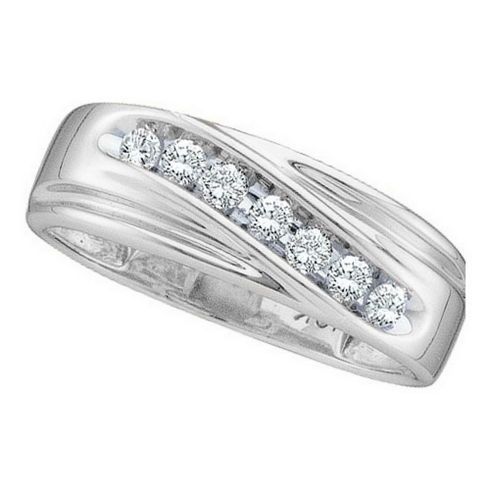 10k White Gold Mens Round Channel-set Diamond Single Row Wedding Band Ring