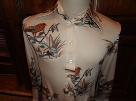 Vtg 70&#39;s Wedgewood Disco Button Up Pointed Collar Polyester Shirt Birds Fits S - £28.79 GBP