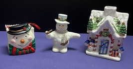 3 Pc Ceramic Christmas Lot Frosty Bag, Frosty Figure, Christmas House Tealight - £9.44 GBP