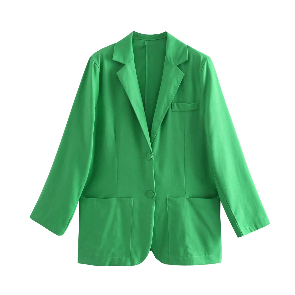 Zevity Women  Green Color Notched Collar Linen Blazer Coat Female Chic Pockets B - £115.13 GBP