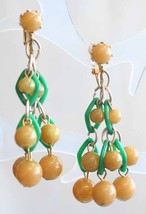 Fabulous Peach &amp; Green Gold-tone Chandelier Clip Earrings 1960s vintage  2 1/2&quot; - £11.25 GBP