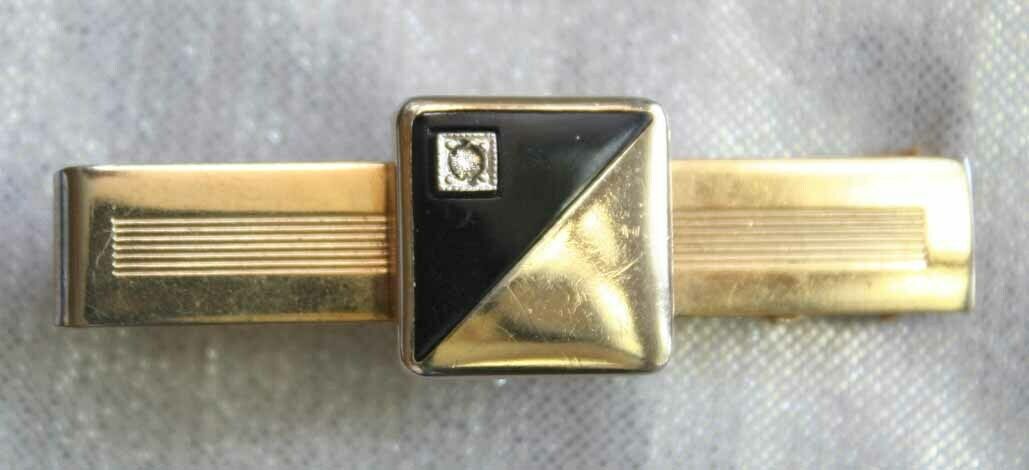 Anson Classic Gold-tone, Black & Rhinestone Tie Clasp 1950s Vint. 2 1/8" - $12.30