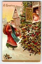 Santa Claus Postcard Old World Long Coat Belsnickle Holly Bush Village Germany - £49.69 GBP