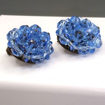 Blue Crystal Bead Cluster Earrings, Vintage Faceted Clip Ons, Sparkle and Shine - £28.03 GBP
