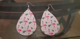 Faux Leather Dangle Earrings (New) Flamingos &amp; Fronds - £4.44 GBP