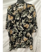 Pierre Cardin Black with Green Brown Leaves Tropical Button Up Shirt XL - $20.56 CAD