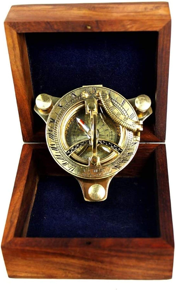 Primary image for 3" Brass Sundial Compass West London with Wooden Box Rustic Vintage Home Decor G